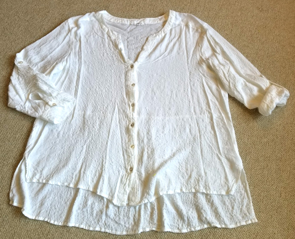 Womens Top-JANE + DELANCEY-white rayon stretch gauzy hi-lo button-up Coastal-2X